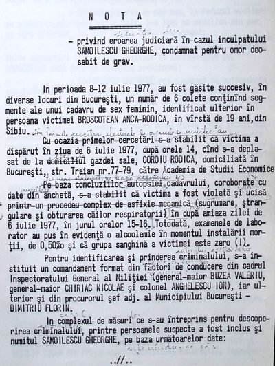 First page of a typed Romanian internal note headed NOTA, on the judicial error in the case of the accused Samoilescu Gheorghe, with handwritten corrections in the margins and between the lines