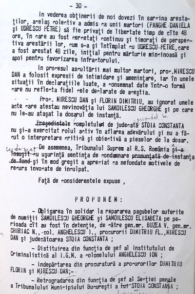 Page thirty of the typed Romanian note, ending in a block headed PROPUNEM, we propose, which lists the officers, prosecutors and the judge to be dismissed, demoted or prosecuted