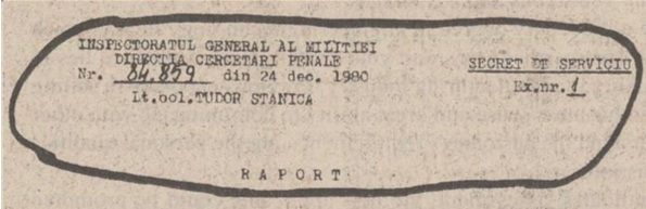 Typed letterhead of a Romanian police report, ringed in ink: General Inspectorate of the Militia, Criminal Investigations Directorate, number 84.859 of 24 December 1980, Lt. Col. Tudor Stanica, marked official secret, above the single word RAPORT