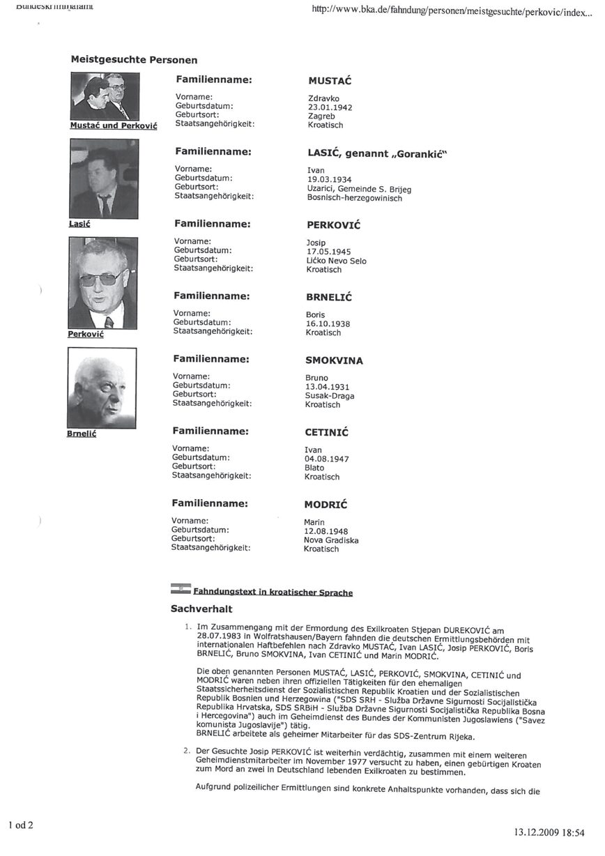 A printout of a German federal police web page headed Meistgesuchte Personen, listing seven men surnamed Mustac, Lasic, Perkovic, Brnelic, Smokvina, Cetinic and Modric, with dates and places of birth and four photographs down the left side, above a German account of the 1983 murder of Stjepan Djurekovic