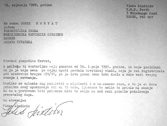 A typed Croatian letter dated 12 January 1998 on the letterhead Vinko Sindicic, H.M.P. Perth, 3 Edinburgh Road, Perth PH2 8AT, addressed to Boris Horvat by way of the head of the office of the President of the Republic of Croatia in Zagreb, giving fifteen days to settle a debt, and signed