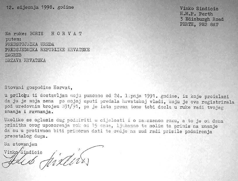 A typed Croatian letter dated 12 January 1998 on the letterhead Vinko Sindicic, H.M.P. Perth, 3 Edinburgh Road, Perth PH2 8AT, addressed to Boris Horvat by way of the head of the office of the President of the Republic of Croatia in Zagreb, giving fifteen days to settle a debt, and signed