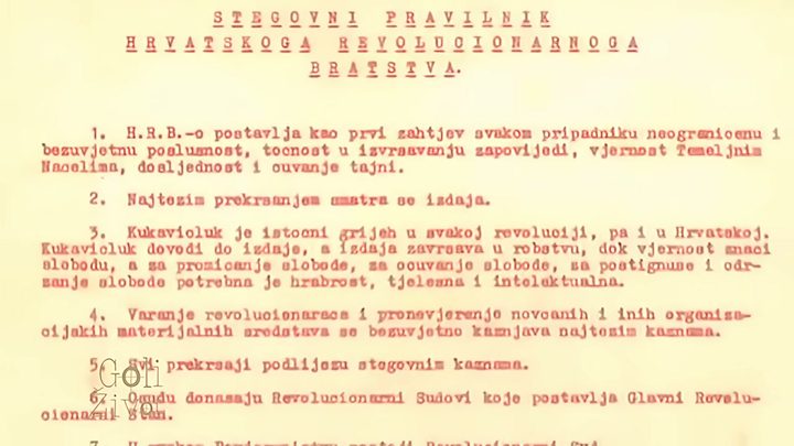 A typewritten page in Croatian headed Stegovni pravilnik Hrvatskoga revolucionarnoga bratstva, the disciplinary rulebook of the Croatian Revolutionary Brotherhood, its numbered articles demanding obedience and the keeping of secrets and naming betrayal as the gravest breach
