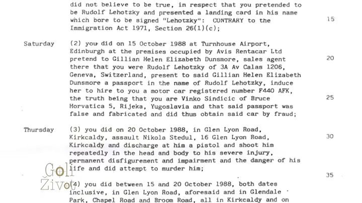 A typed English court document: count two covers the Avis premises at Turnhouse Airport, Edinburgh, on 15 October 1988 and the hire of a car registered F440 AFK in the name Rudolf Lehotzky; count three the assault on Nikola Stedul at 16 Glen Lyon Road, Kirkcaldy, on 20 October 1988