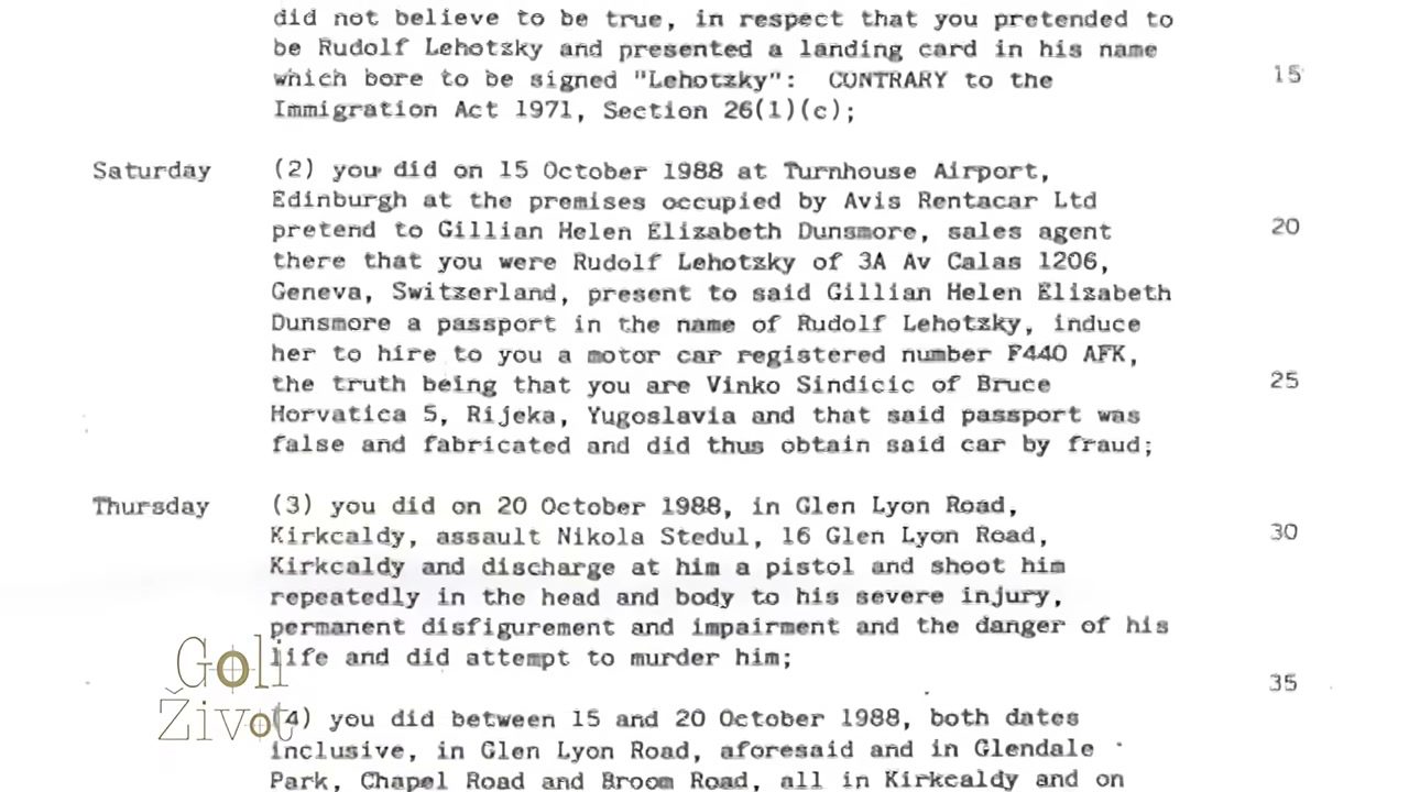 A typed English court document: count two covers the Avis premises at Turnhouse Airport, Edinburgh, on 15 October 1988 and the hire of a car registered F440 AFK in the name Rudolf Lehotzky; count three the assault on Nikola Stedul at 16 Glen Lyon Road, Kirkcaldy, on 20 October 1988