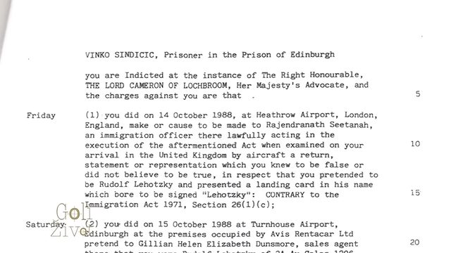 A typed English court document: Vinko Sindicic, Prisoner in the Prison of Edinburgh, you are Indicted at the instance of the Lord Cameron of Lochbroom, Her Majesty's Advocate; charge one covers Heathrow Airport on 14 October 1988, charge two the Avis premises at Turnhouse Airport, Edinburgh, on 15 October 1988