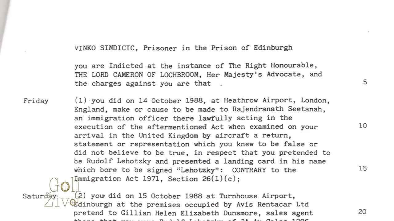 A typed English court document: Vinko Sindicic, Prisoner in the Prison of Edinburgh, you are Indicted at the instance of the Lord Cameron of Lochbroom, Her Majesty's Advocate; charge one covers Heathrow Airport on 14 October 1988, charge two the Avis premises at Turnhouse Airport, Edinburgh, on 15 October 1988