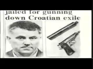 A film frame of a black and white press cutting headed jailed for gunning down Croatian exile, with a head and shoulders photograph of Vinko Sindicic on the left and a photograph of two automatic pistols on the right
