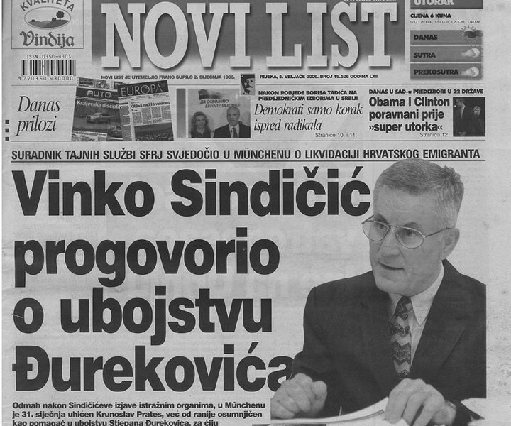 The front page of the Rijeka daily Novi list of 5 February 2008, its lead headline Vinko Sindicic progovorio o ubojstvu Djurekovica beside a photograph of him in glasses and a dark suit at a table, under a strapline saying a collaborator of the Yugoslav secret services testified in Munich