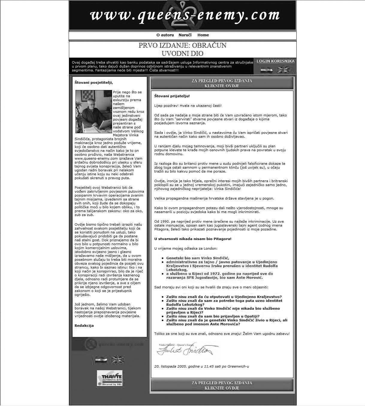 A printout of a web page with the banner www.queens-enemy.com, two columns of Croatian text under the heading Prvo izdanje: Obracun, uvodni dio, a small photograph of a man reading at a desk, a signature reading Vinko Sindicic, Queen's Enemy, and the date 20 October 2005 at 11.45 Greenwich
