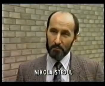 A television frame of Nikola Stedul being interviewed in front of a brick wall, with the caption Nikola Stedul across the lower part of the picture