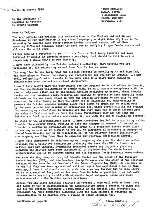 The first page of a typed English letter dated Perth, 27 August 1998, on the letterhead of Vinko Sindicic, H.M.P. Perth, addressed to the President of the Republic of Croatia, Mr Franjo Tudjman, naming Zdravko Mustac and Josip Perkovic, signed at the foot and marked continued on page 2
