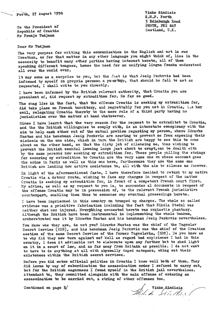 The first page of a typed English letter dated Perth, 27 August 1998, on the letterhead of Vinko Sindicic, H.M.P. Perth, addressed to the President of the Republic of Croatia, Mr Franjo Tudjman, naming Zdravko Mustac and Josip Perkovic, signed at the foot and marked continued on page 2