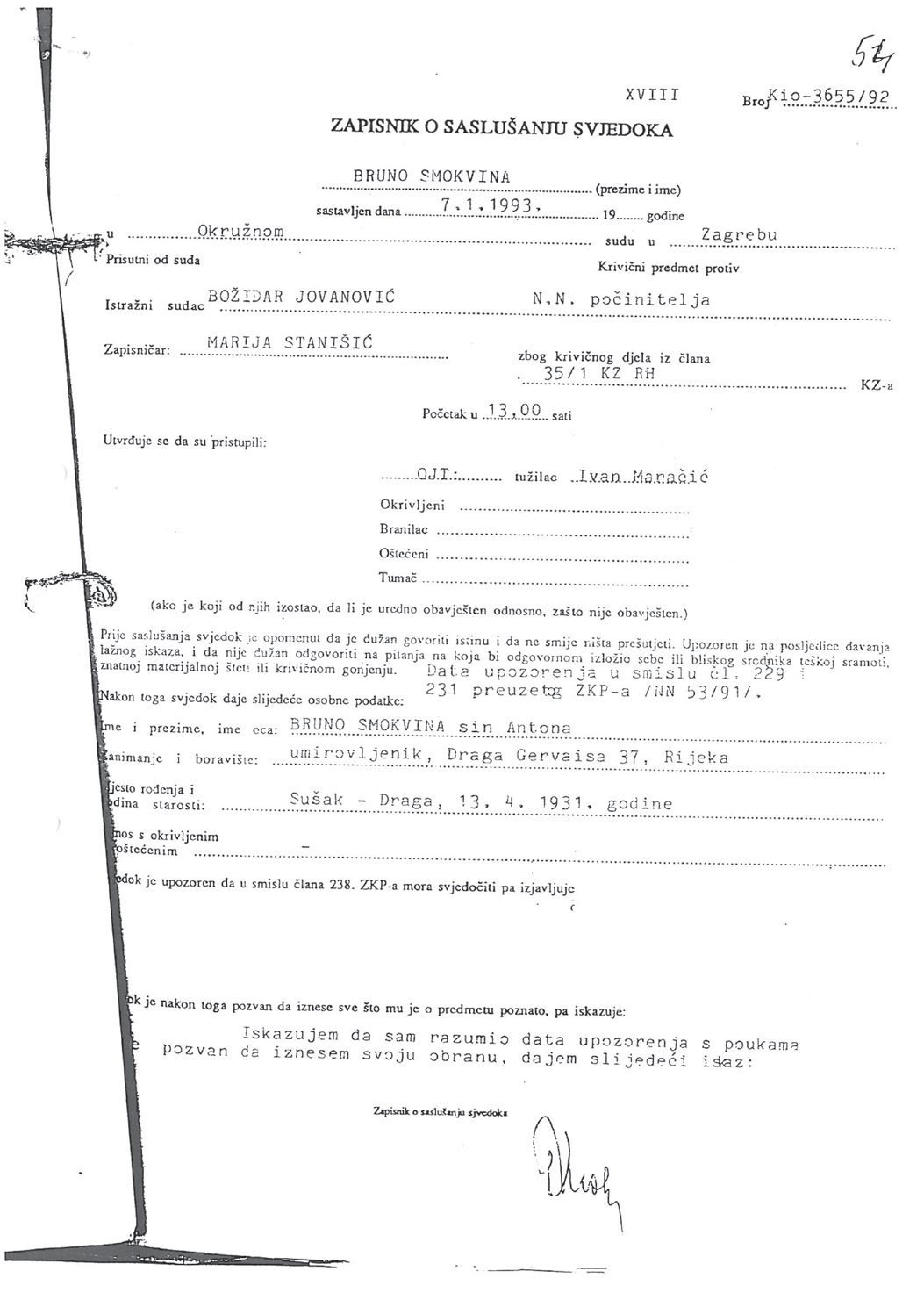 A printed Croatian court form headed Zapisnik o saslusanju svjedoka, the record of the examination of a witness, filled in by typewriter for Bruno Smokvina on 7 January 1993 before the investigating judge Bozidar Jovanovic at the District Court in Zagreb, with a signature at the foot