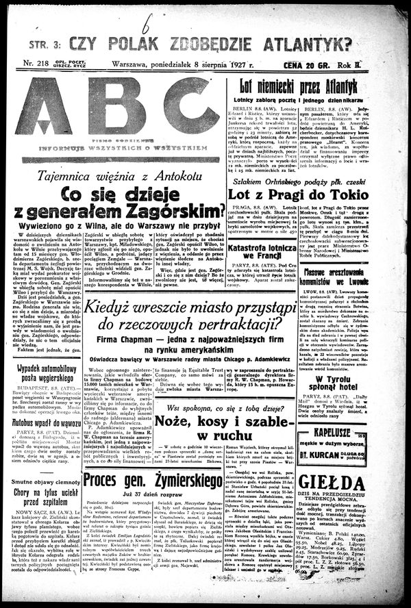 The front page of the Warsaw daily ABC of 8 August 1927, headed What is happening with General Zagorski