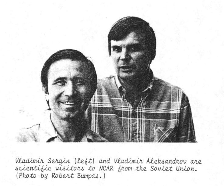 A news photograph of two Soviet scientists at the National Center for Atmospheric Research in 1978, captioned Vladimir Sergin on the left and Vladimir Aleksandrov on the right
