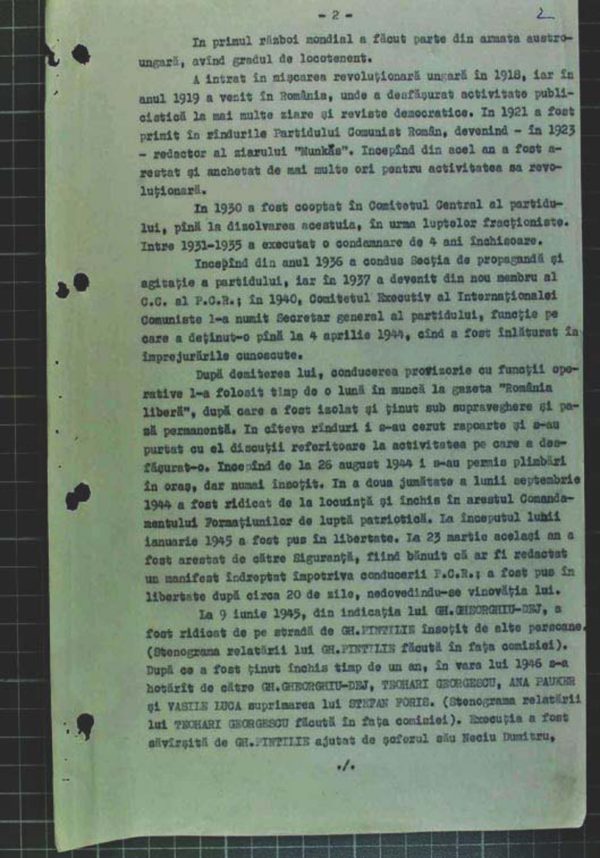 Page two of the Romanian party commission's 1968 report on the Foriș case, setting out the chronology of his isolation
