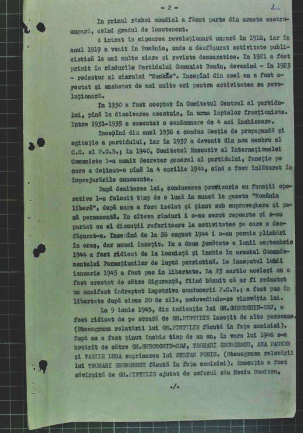 Page two of the Romanian party commission's 1968 report on the Foriș case, setting out the chronology of his isolation