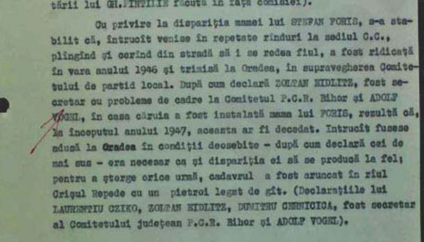 The passage of the 1968 party report headed with the disappearance of Ștefan Foriș's mother