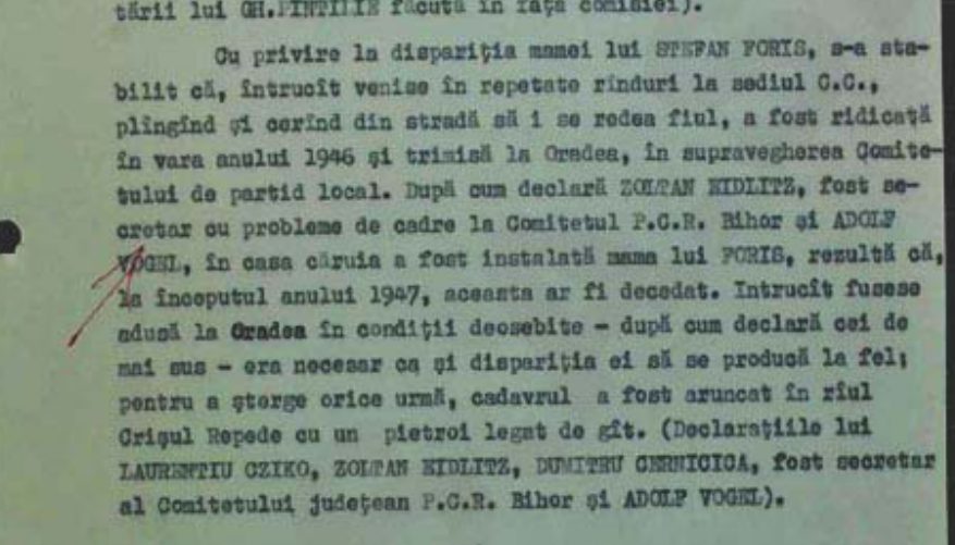The passage of the 1968 party report headed with the disappearance of Ștefan Foriș's mother