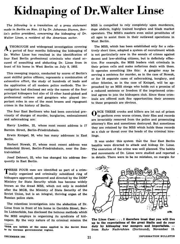 Page 21 of the December 1952 Information Bulletin of the US High Commissioner for Germany, headed Kidnaping of Dr. Walter Linse