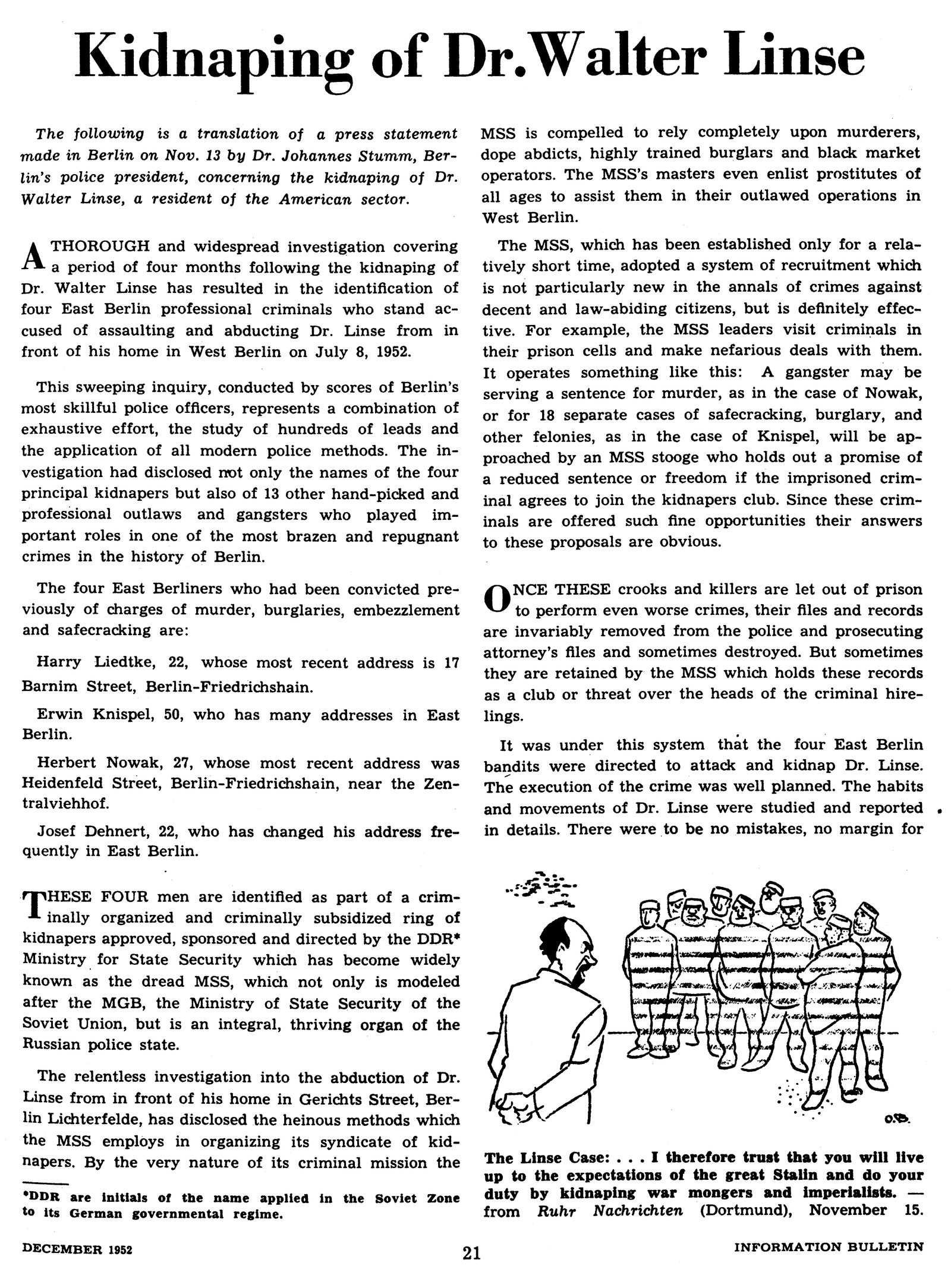 Page 21 of the December 1952 Information Bulletin of the US High Commissioner for Germany, headed Kidnaping of Dr. Walter Linse