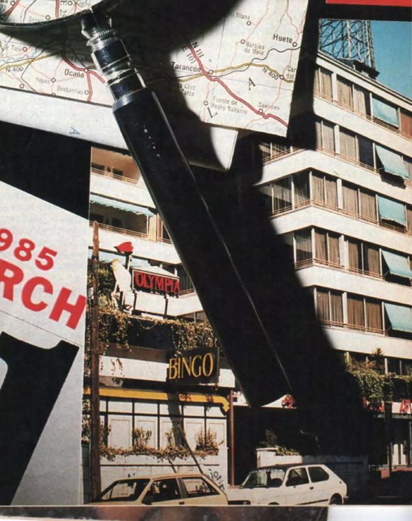 The hotel on the paseo de la Habana in Madrid with the bingo hall's sign beside it, photographed for Science Digest