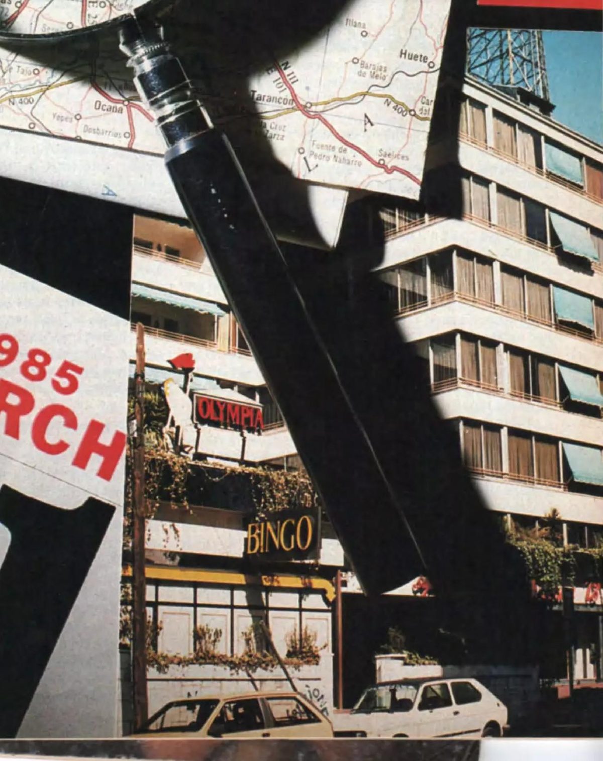 The hotel on the paseo de la Habana in Madrid with the bingo hall's sign beside it, photographed for Science Digest