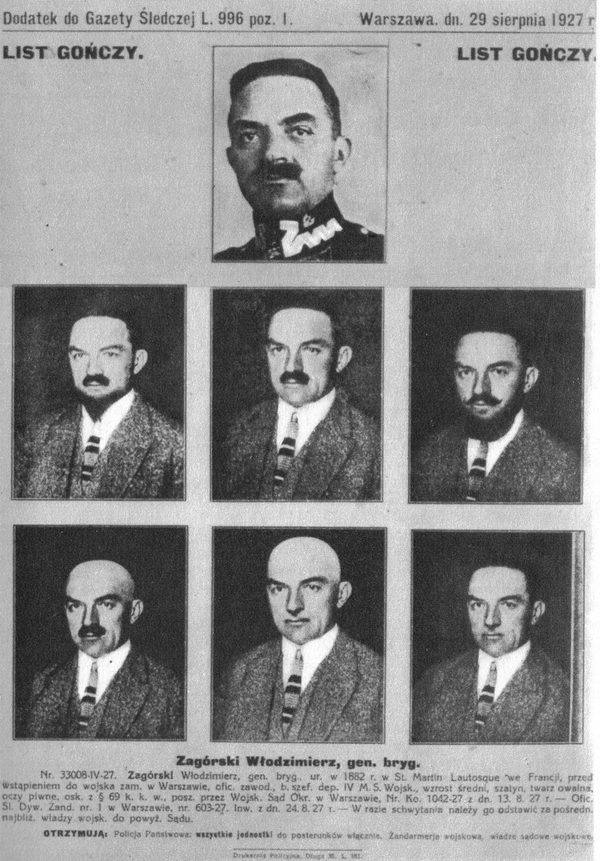 The Polish police gazette's wanted notice of 29 August 1927: a uniformed portrait of General Zagórski above six retouched portraits of him in disguise