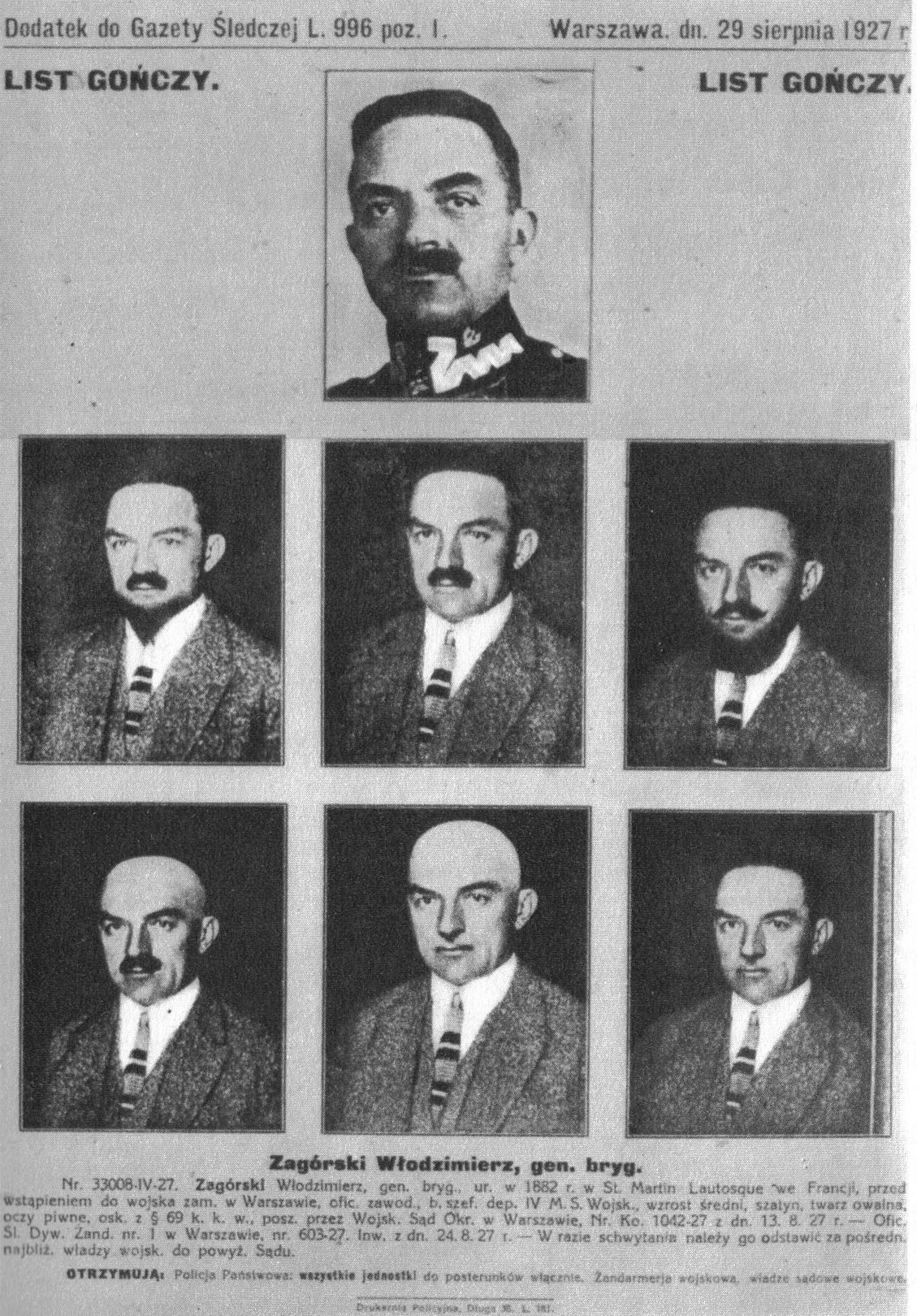 The Polish police gazette's wanted notice of 29 August 1927: a uniformed portrait of General Zagórski above six retouched portraits of him in disguise