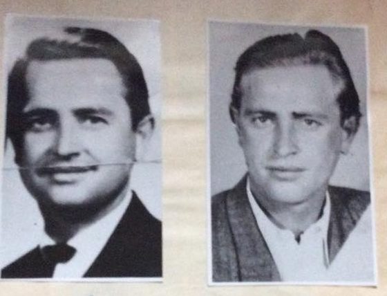 Two black and white head and shoulders photographs mounted side by side on an album page: on the left a younger man in a suit and tie, smiling, on the right an older man with longer hair, in a cardigan over an open shirt