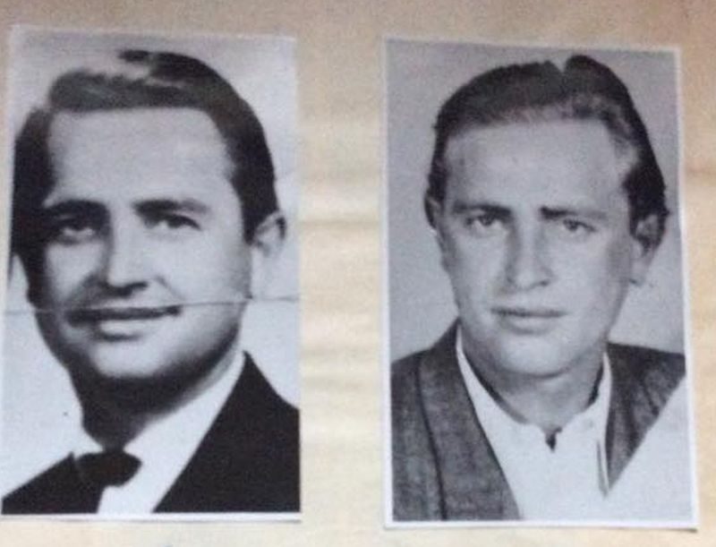 Two black and white head and shoulders photographs mounted side by side on an album page: on the left a younger man in a suit and tie, smiling, on the right an older man with longer hair, in a cardigan over an open shirt