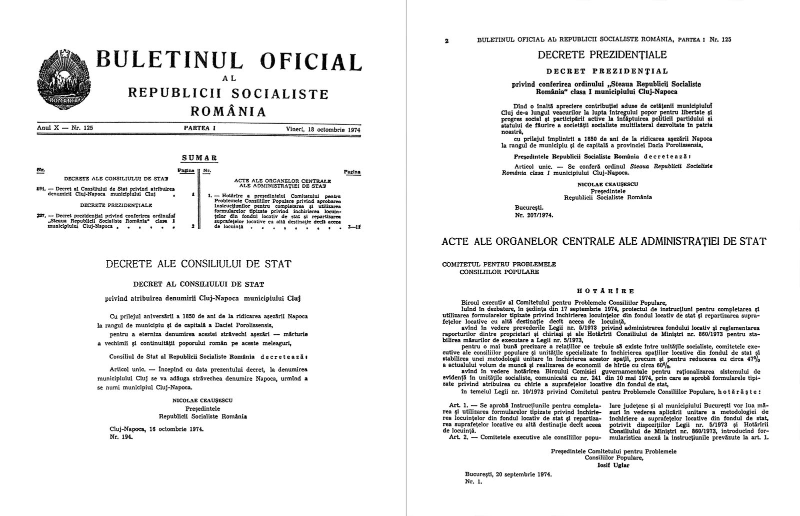 Two facing pages of the Official Bulletin of the Socialist Republic of Romania of Friday 18 October 1974. The left page carries Decree 194 of the State Council, which adds the ancient name Napoca to the name of the municipality of Cluj, signed Nicolae Ceausescu and dated 16 October 1974