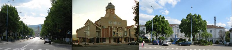 A wide strip of three colour photographs of the centre of Stei in Bihor county: a tree lined avenue, a yellow public building with a clock tower, and a square with parked cars in front of white buildings