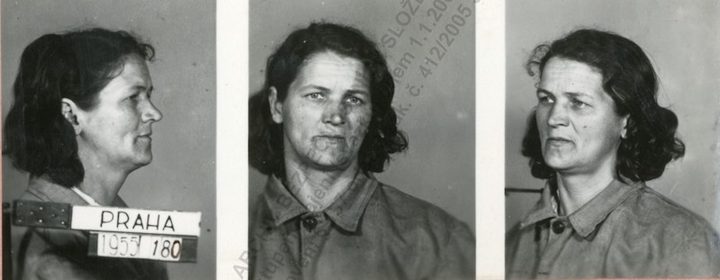 A three view police photograph of Antonie Koklesová in profile, full face and half profile, holding a board reading PRAHA 1955 180, with an archive stamp across the print