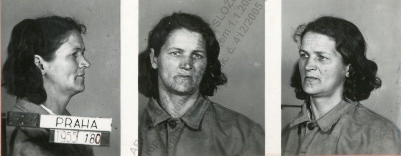 A three view police photograph of Antonie Koklesová in profile, full face and half profile, holding a board reading PRAHA 1955 180, with an archive stamp across the print