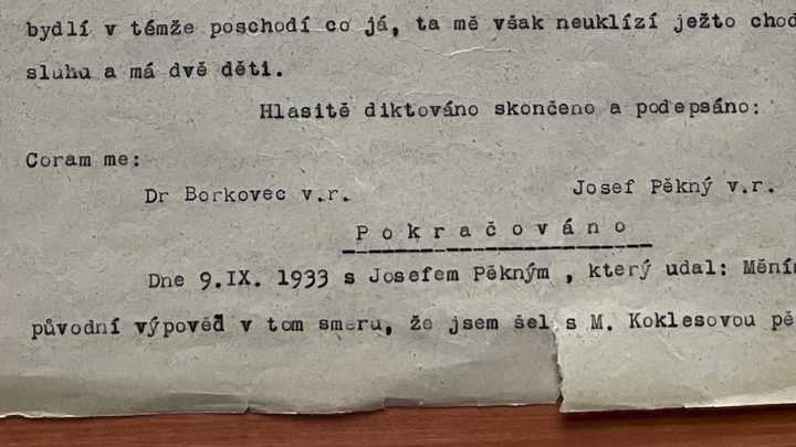 A typed Czech protocol page of 9 September 1933 signed by Dr Borkovec and Josef Pěkný, opening with the line in which he changes his original statement