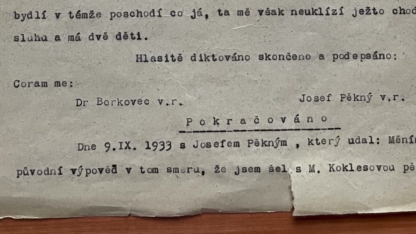 A typed Czech protocol page of 9 September 1933 signed by Dr Borkovec and Josef Pěkný, opening with the line in which he changes his original statement