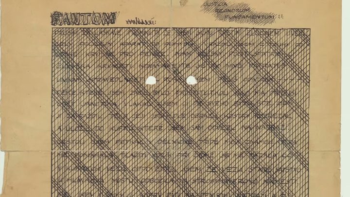 A sheet headed FANTOM in heavy capitals, its handwritten text covered with a dense grid of ruled pencil hatching, torn at the top corner