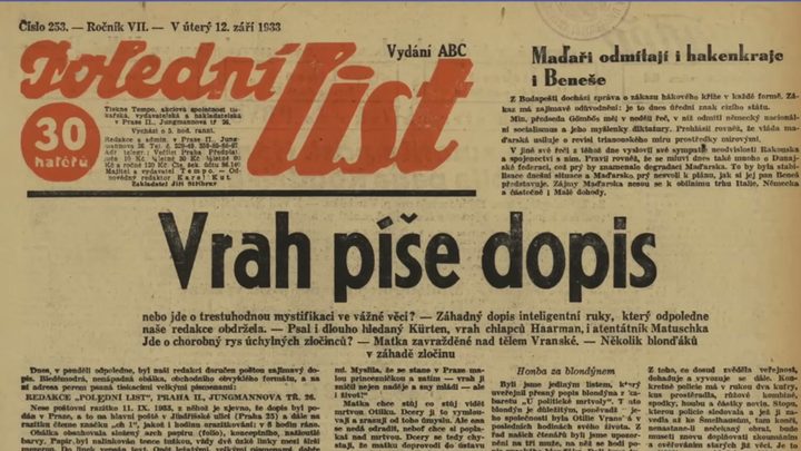 The front page of Polední list for Tuesday 12 September 1933, its masthead in red and the banner headline reading Vrah píše dopis, the murderer writes a letter