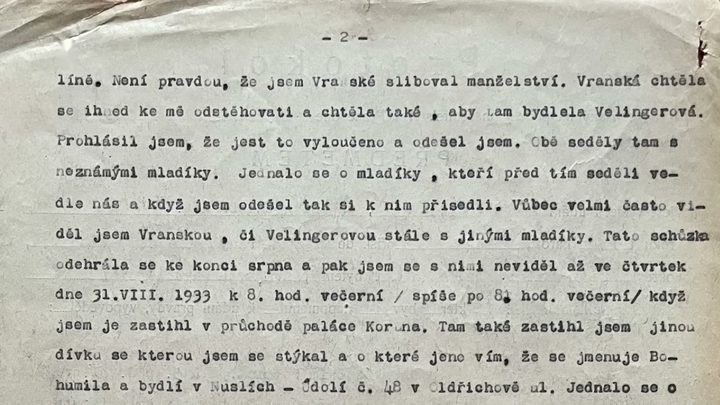 A typed Czech page of the 1933 police file, numbered 2, describing the last evening and naming Vranská, Velingerová and the Koruna passage on 31 August 1933