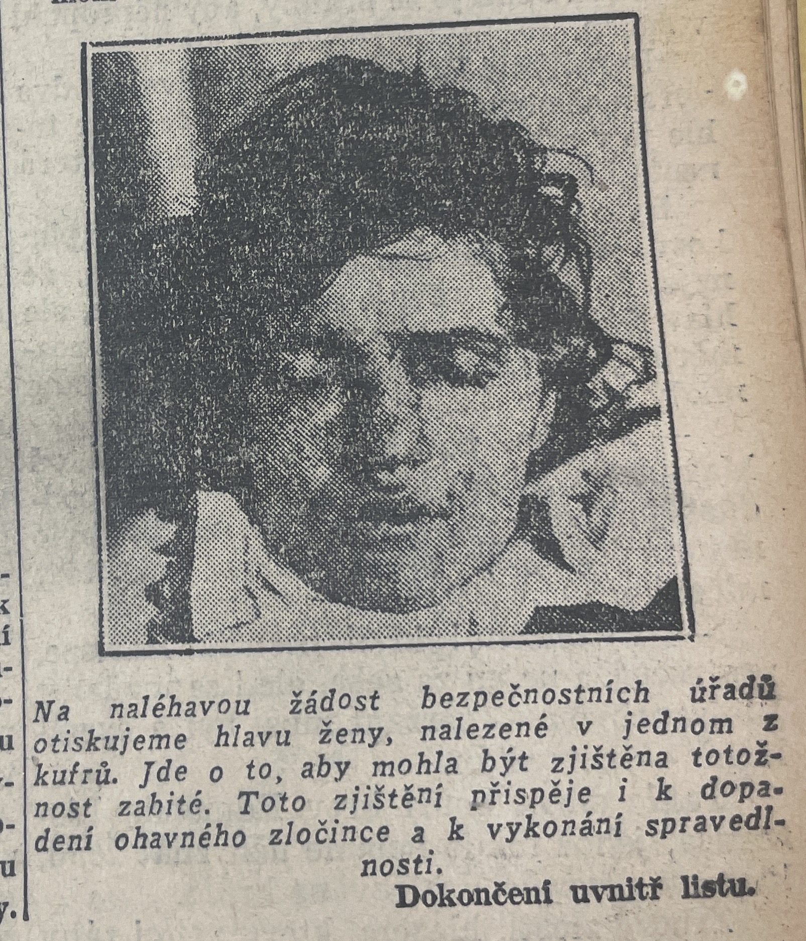 A 1933 Czech newspaper page reproducing the police photograph of the dead woman's face on a cloth, under a caption saying the paper prints it at the urgent request of the security authorities so that her identity may be established