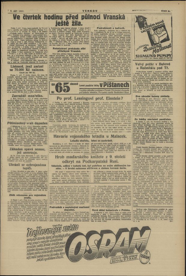 A full newspaper page of Venkov for 9 September 1933, its lead headline reporting that Vranská was still alive an hour before midnight on the Thursday