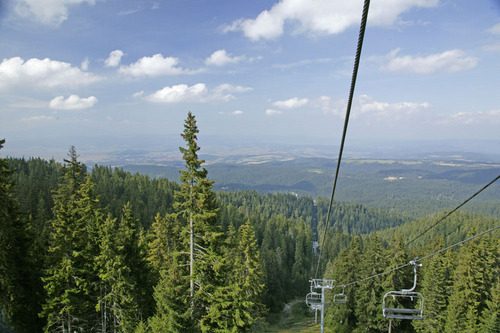 A view over dark pine forest from a chair lift, with the plain and distant hills beyond