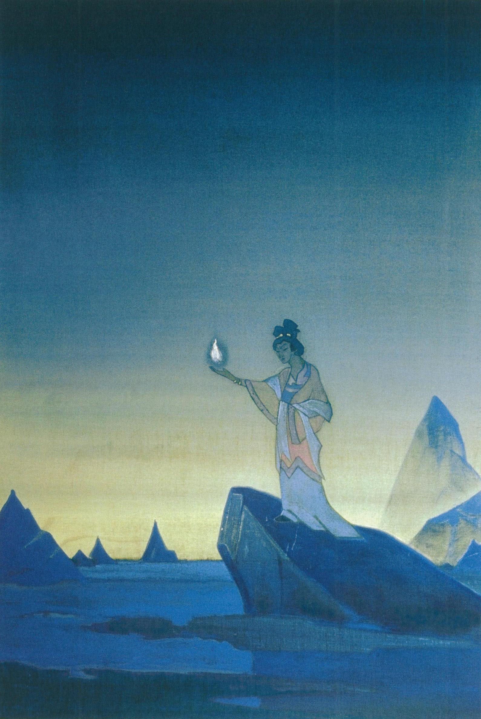 A painting of a standing figure on a rock above water, holding up a small white light, with blue and white peaks behind
