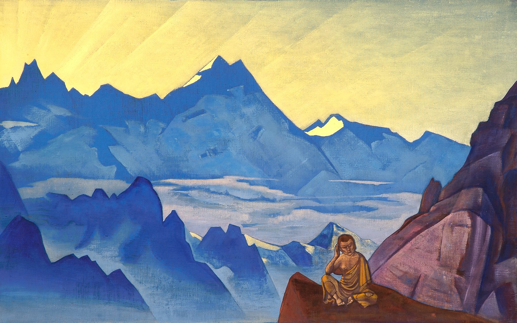 A painting of a seated figure on a red rock ledge before ranks of blue Himalayan peaks under a yellow sky