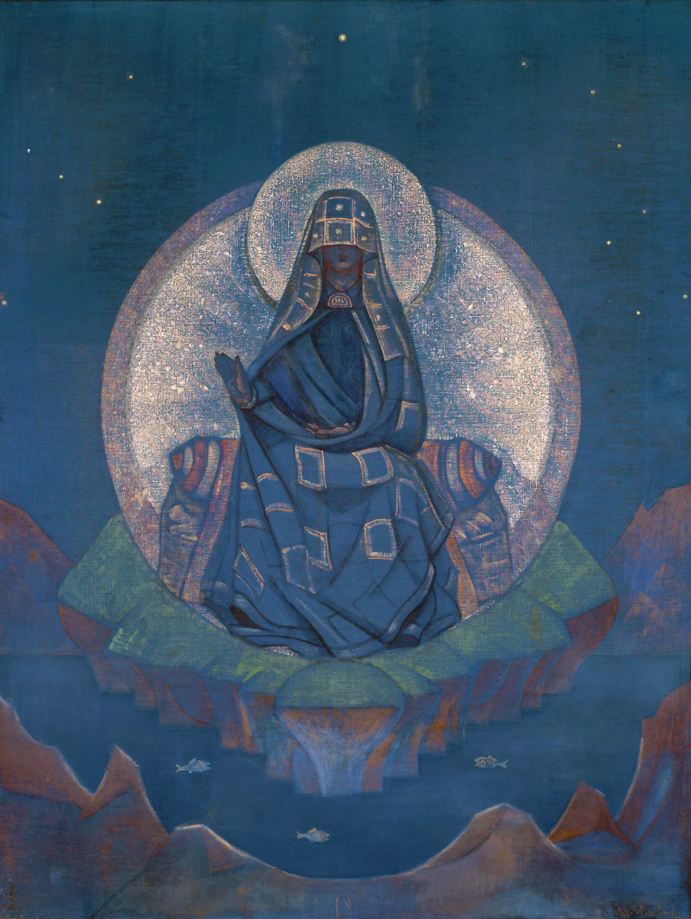 A painting of a seated veiled figure in deep blue inside a circle of stars, with small kneeling figures on the rocks below